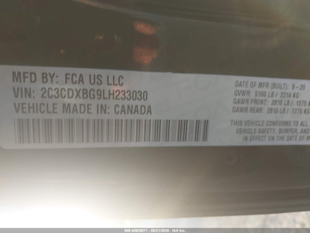 Aukcja sprzedaży 2020 Dodge Charger Sxt Rwd, vin: 2C3CDXBG9LH233030, numer aukcji: 45928071