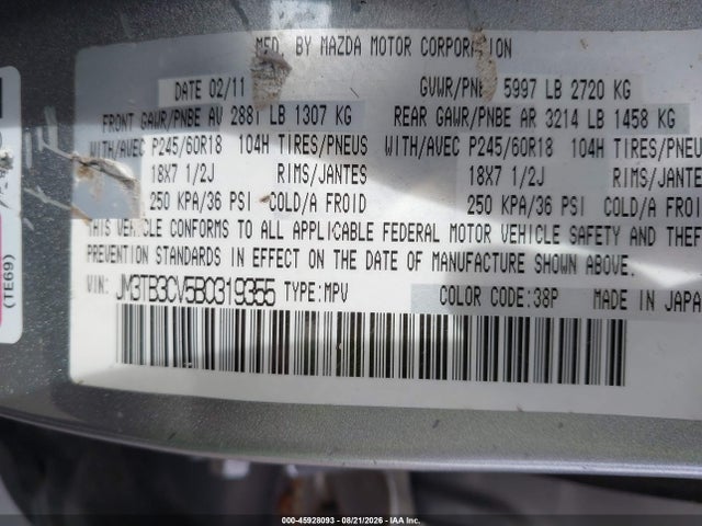 2011 Mazda Cx-9 Touring მანქანა იყიდება აუქციონზე, vin: JM3TB3CV5B0319355, აუქციონის ნომერი: 45928093
