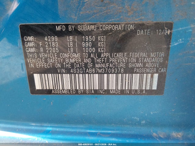 2021 Subaru Impreza მანქანა იყიდება აუქციონზე, vin: 4S3GTAB67M3709378, აუქციონის ნომერი: 45928101