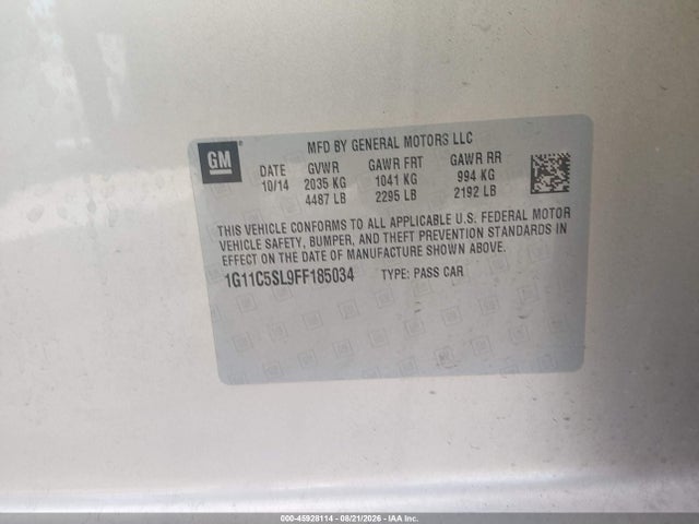 45928114 :رقم المزاد ، 1G11C5SL9FF185034 vin ، 2015 Chevrolet Malibu 1lt مزاد بيع