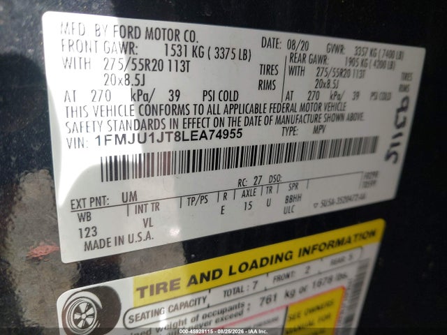2020 Ford Expedition Xlt მანქანა იყიდება აუქციონზე, vin: 1FMJU1JT8LEA74955, აუქციონის ნომერი: 45928115