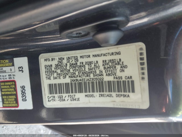 45928120 :رقم المزاد ، 1NXBU4EE1AZ305022 vin ، 2010 Toyota Corolla S مزاد بيع