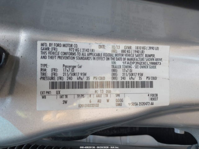 Продаж на аукціоні авто 2014 Ford Focus Titanium, vin: 1FADP3N23EL188873, номер лоту: 45928136