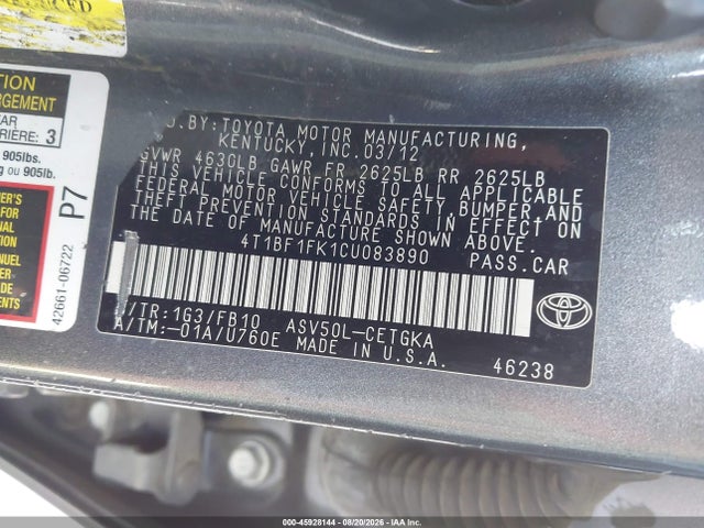 Продажа на аукционе авто 2012 Toyota Camry Xle, vin: 4T1BF1FK1CU083890, номер лота: 45928144