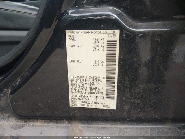 2019 Nissan Altima 2.5 Sl მანქანა იყიდება აუქციონზე, vin: 1N4BL4EV9KC210972, აუქციონის ნომერი: 45928161