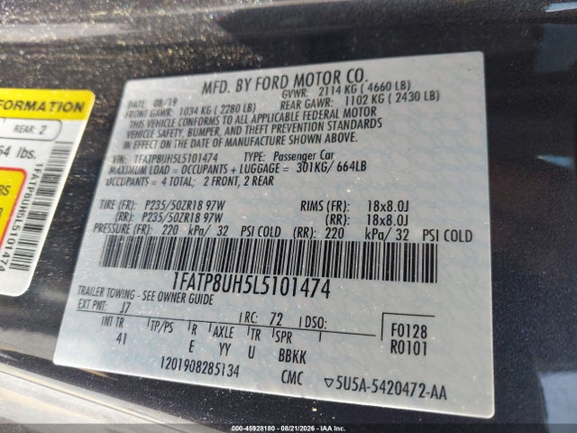 Продажа на аукционе авто 2020 Ford Mustang Ecoboost Premium, vin: 1FATP8UH5L5101474, номер лота: 45928180