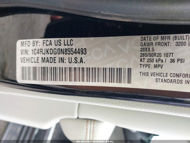 Aukcja sprzedaży 2022 Jeep Grand Cherokee L Overland 4x4, vin: 1C4RJKDG0N8554493, numer aukcji: 45928197
