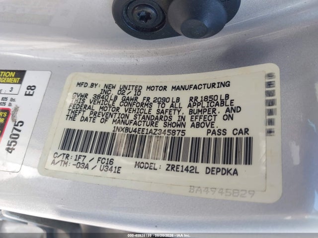 Продажа на аукционе авто 2010 Toyota Corolla Le, vin: 1NXBU4EE1AZ345875, номер лота: 45928199