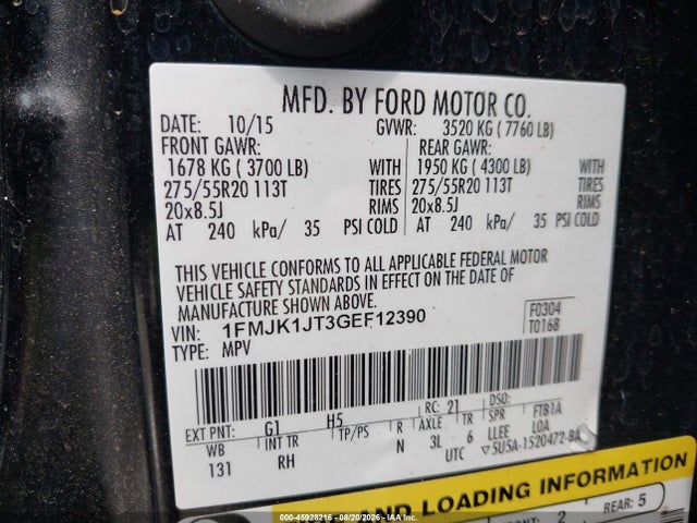 45928216 :رقم المزاد ، 1FMJK1JT3GEF12390 vin ، 2016 Ford Expedition El King Ranch مزاد بيع