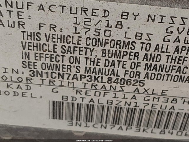 Nissan Versa 1.6 Sv 2019 3N1CN7AP3KL840625 Image 9