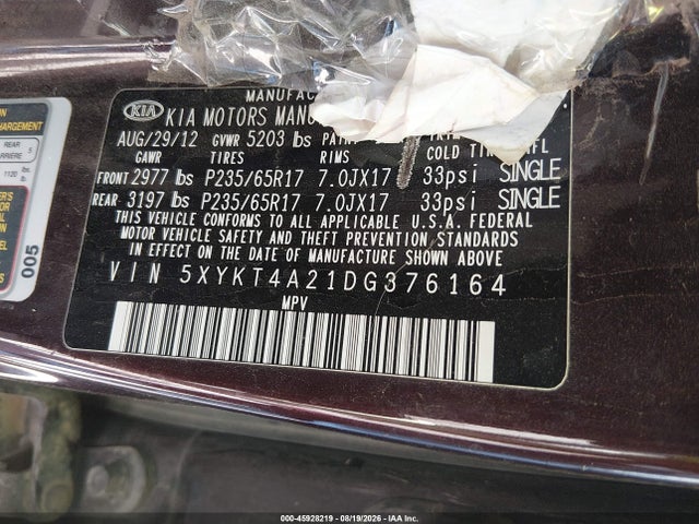 Aukcja sprzedaży 2013 Kia Sorento Lx V6, vin: 5XYKT4A21DG376164, numer aukcji: 45928219