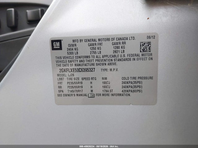 2012 Gmc Terrain Slt-2 მანქანა იყიდება აუქციონზე, vin: 2GKFLXE50C6395327, აუქციონის ნომერი: 45928224