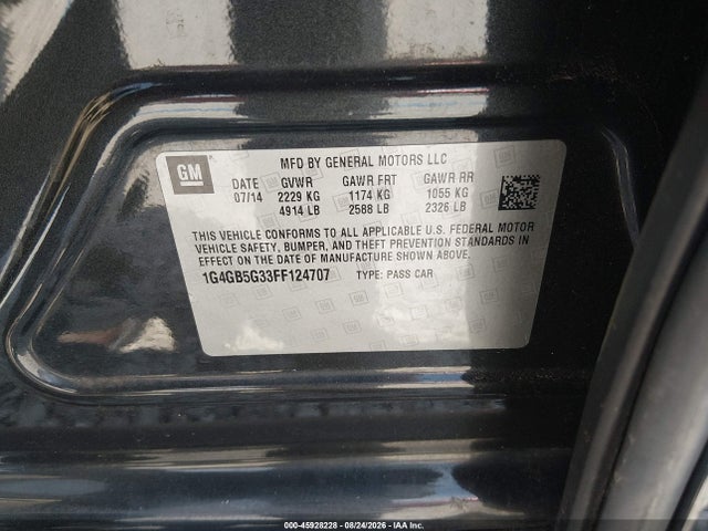 2015 Buick Lacrosse მანქანა იყიდება აუქციონზე, vin: 1G4GB5G33FF124707, აუქციონის ნომერი: 45928228