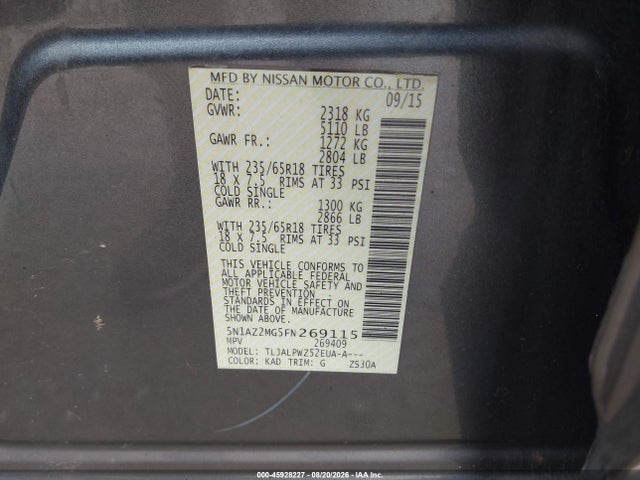 45928227 :رقم المزاد ، 5N1AZ2MG5FN269115 vin ، 2015 Nissan Murano S مزاد بيع