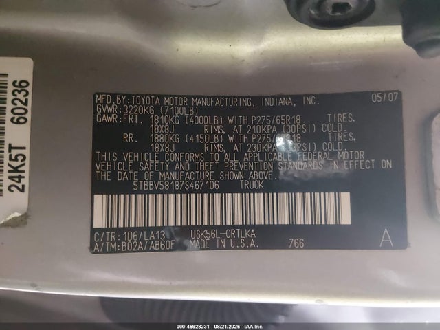 2007 Toyota Tundra Limited 5.7l V8 მანქანა იყიდება აუქციონზე, vin: 5TBBV58187S467106, აუქციონის ნომერი: 45928231