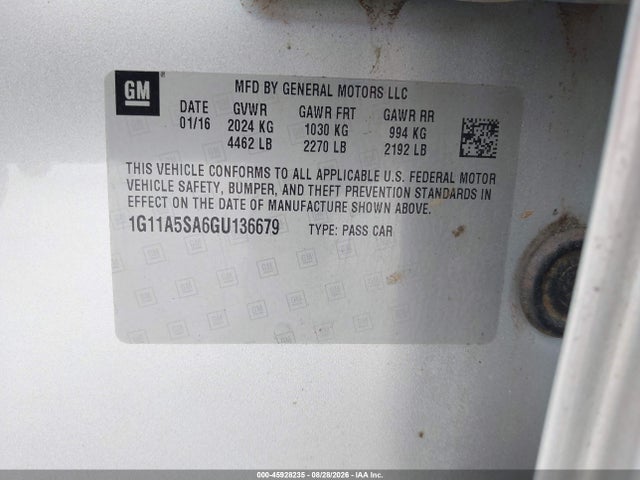Aukcja sprzedaży 2016 Chevrolet Malibu Limited 1fl, vin: 1G11A5SA6GU136679, numer aukcji: 45928235