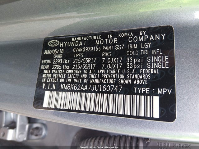 Aukcja sprzedaży 2018 Hyundai Kona Sel, vin: KM8K62AA7JU160747, numer aukcji: 45928238