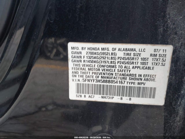 Продажа на аукционе авто 2011 Honda Pilot Ex-l, vin: 5FNYF3H58BB054167, номер лота: 45928239