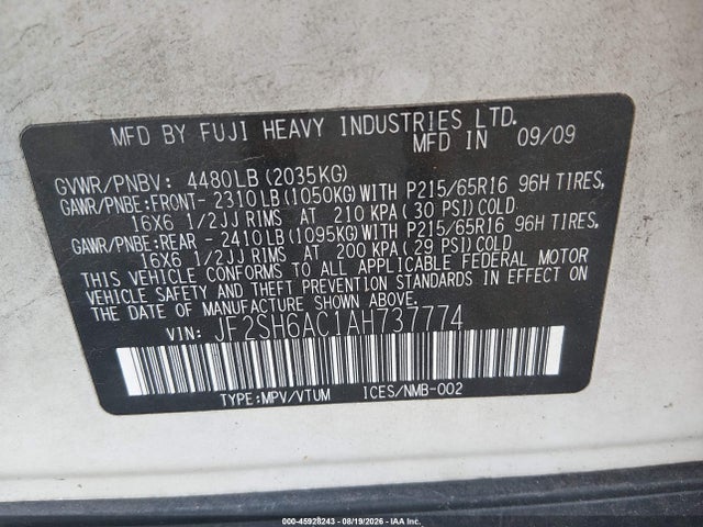 2010 Subaru Forester 2.5x მანქანა იყიდება აუქციონზე, vin: JF2SH6AC1AH737774, აუქციონის ნომერი: 45928243