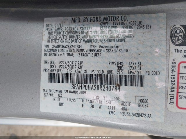 Aukcja sprzedaży 2011 Ford Fusion Se, vin: 3FAHP0HA2BR240784, numer aukcji: 45928244