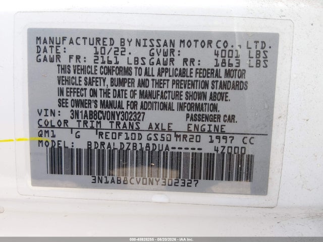 Продажа на аукционе авто 2022 Nissan Sentra Sv Xtronic Cvt, vin: 3N1AB8CV0NY302327, номер лота: 45928255