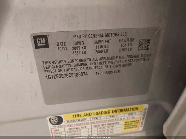 2012 Chevrolet Malibu 3lt მანქანა იყიდება აუქციონზე, vin: 1G1ZF5E78CF188074, აუქციონის ნომერი: 45928257