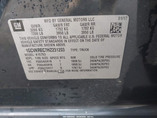 45928263 :رقم المزاد ، 1GCVKREC7HZ231203 vin ، 2017 Chevrolet Silverado 1500 Lt مزاد بيع