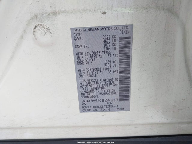 Продаж на аукціоні авто 2015 Nissan Rogue Sl, vin: 5N1AT2MV3FC824333, номер лоту: 45928268