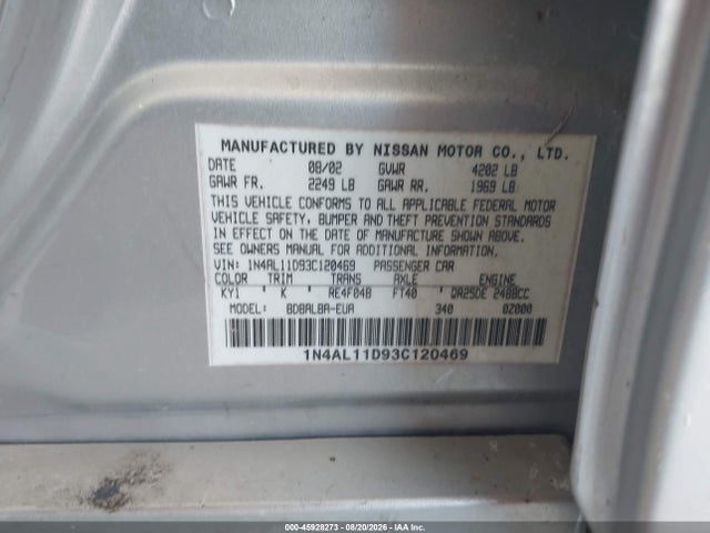 2003 Nissan Altima 2.5 S მანქანა იყიდება აუქციონზე, vin: 1N4AL11D93C120469, აუქციონის ნომერი: 45928273