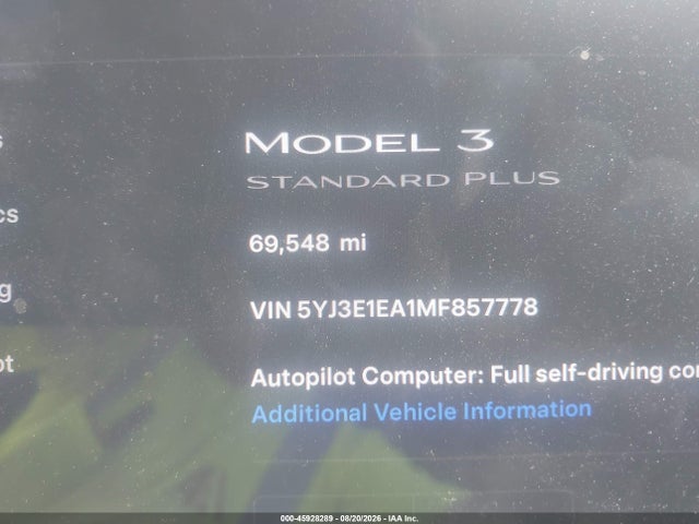 Aukcja sprzedaży 2021 Tesla Model 3 Standard Range Plus Rear-wheel Drive, vin: 5YJ3E1EA1MF857778, numer aukcji: 45928289