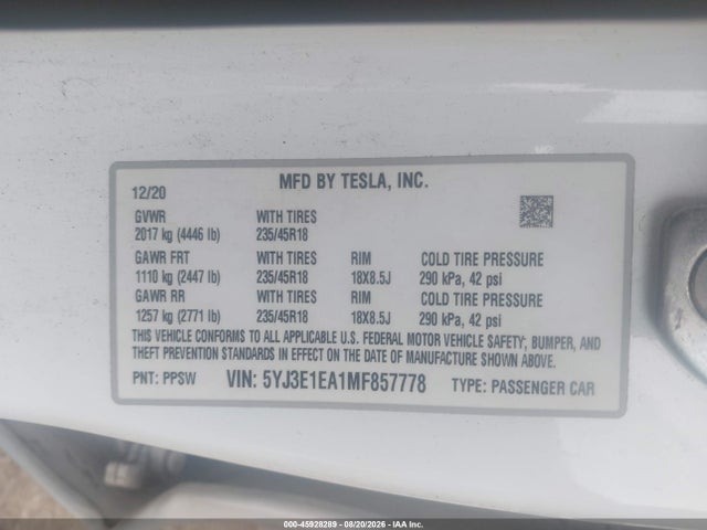 Aukcja sprzedaży 2021 Tesla Model 3 Standard Range Plus Rear-wheel Drive, vin: 5YJ3E1EA1MF857778, numer aukcji: 45928289