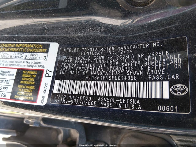 Toyota CAMRY SE 2015 4T1BF1FK9FU014868 Image 9