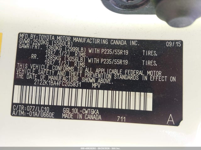 45928293 :رقم المزاد ، 2T2ZK1BA4FC205831 vin ، 2015 Lexus Rx 350 مزاد بيع