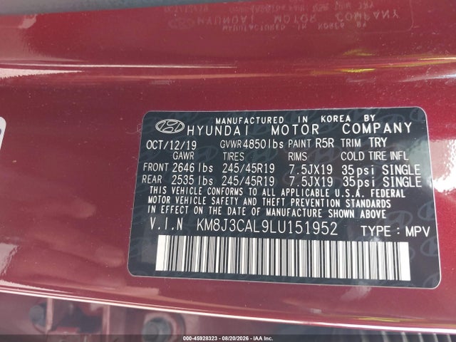 Продаж на аукціоні авто 2020 Hyundai Tucson Sport, vin: KM8J3CAL9LU151952, номер лоту: 45928323