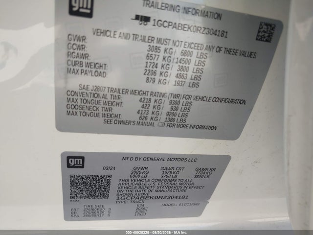 Aukcja sprzedaży 2024 Chevrolet Silverado 1500, vin: 1GCPABEK0RZ304181, numer aukcji: 45928325
