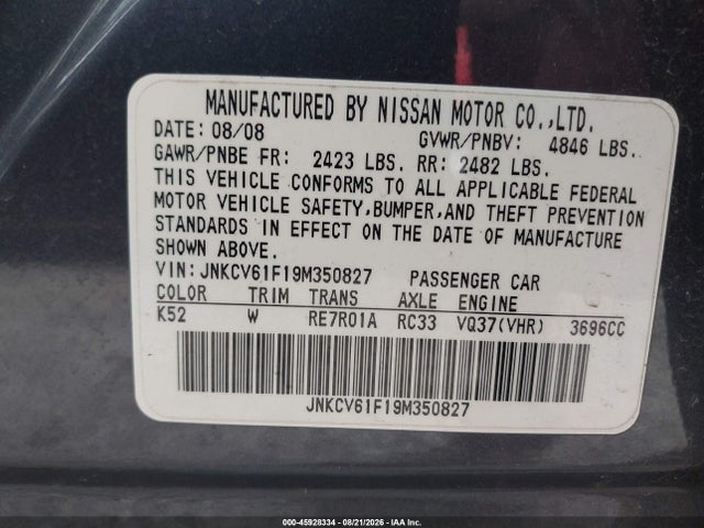Aukcja sprzedaży 2009 Infiniti G37x, vin: JNKCV61F19M350827, numer aukcji: 45928334