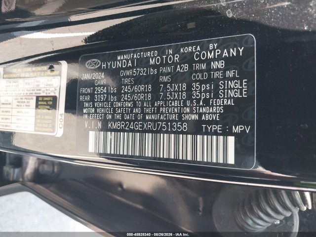 Aukcja sprzedaży 2024 Hyundai Palisade Sel, vin: KM8R24GEXRU751358, numer aukcji: 45928340