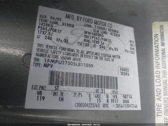 Продажа на аукционе авто 2005 Ford Expedition Eddie Bauer/king Ranch, vin: 1FMPU17505LB11059, номер лота: 45928348