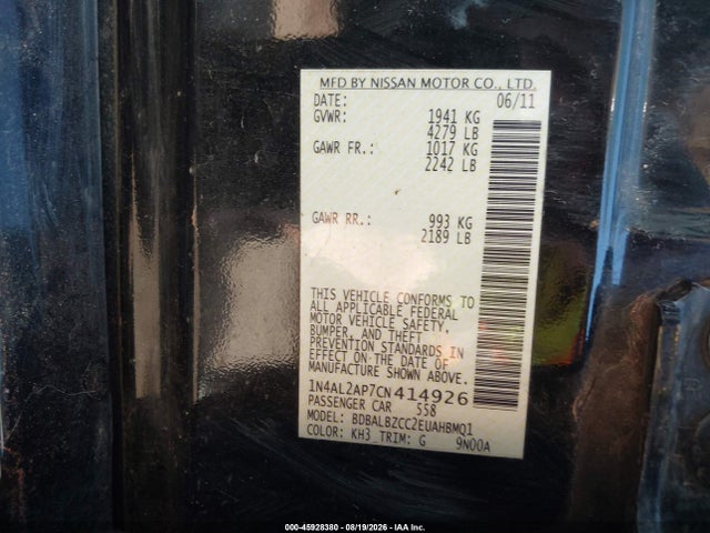 Aukcja sprzedaży 2012 Nissan Altima 2.5 S, vin: 1N4AL2AP7CN414926, numer aukcji: 45928380