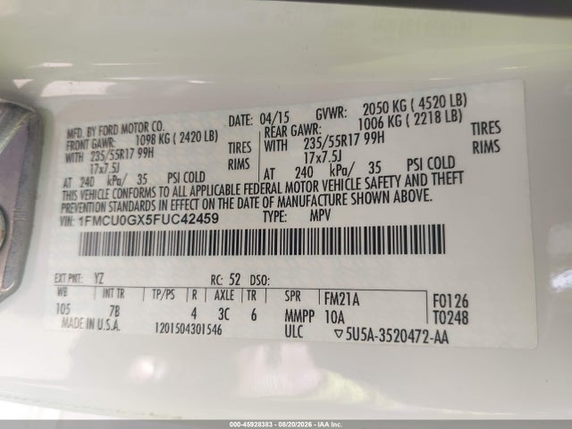 Продажа на аукционе авто 2015 Ford Escape Se, vin: 1FMCU0GX5FUC42459, номер лота: 45928383