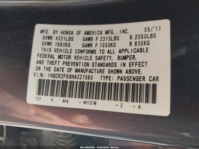 2017 Honda Accord Sport მანქანა იყიდება აუქციონზე, vin: 1HGCR2F69HA227060, აუქციონის ნომერი: 45928393