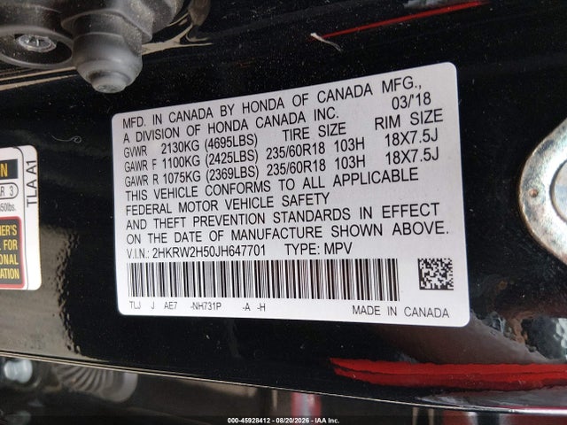 2018 Honda Cr-v Ex მანქანა იყიდება აუქციონზე, vin: 2HKRW2H50JH647701, აუქციონის ნომერი: 45928412