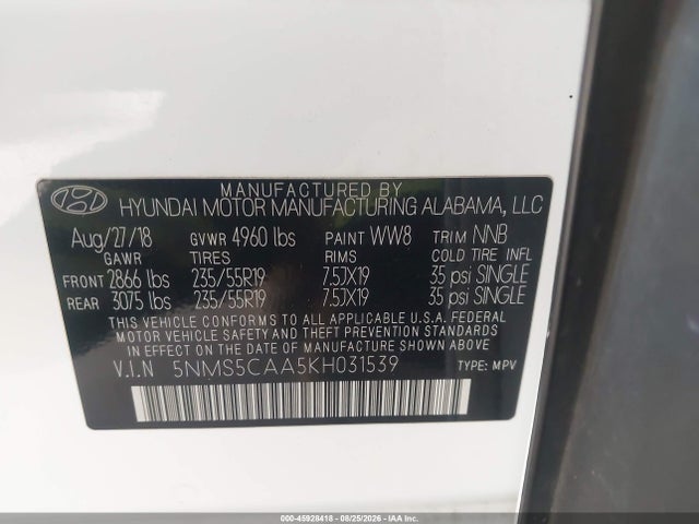 Продажа на аукционе авто 2019 Hyundai Santa Fe Ultimate 2.0t, vin: 5NMS5CAA5KH031539, номер лота: 45928418