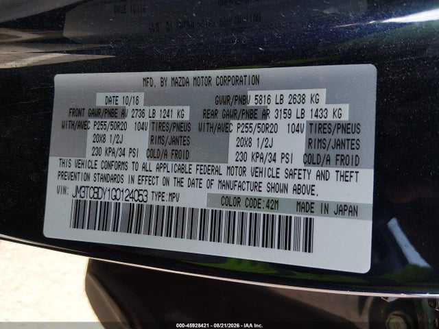 Aukcja sprzedaży 2016 Mazda Cx-9 Grand Touring, vin: JM3TCBDY1G0124053, numer aukcji: 45928421