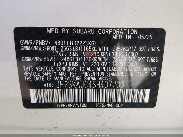 Aukcja sprzedaży 2025 Subaru Forester Wilderness, vin: JF2SKAJC4SH407200, numer aukcji: 45928441