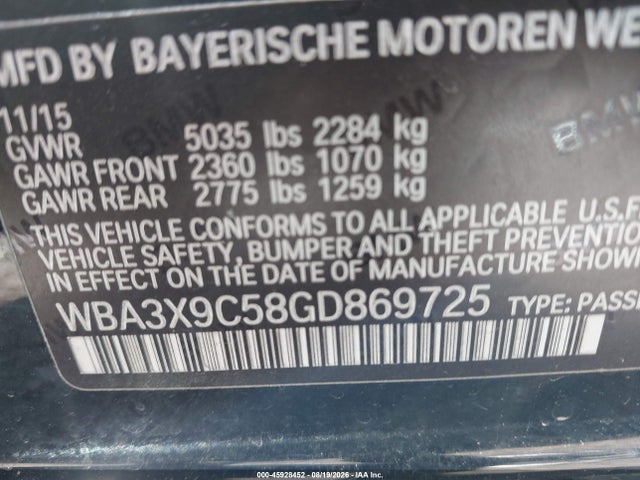 45928452 :رقم المزاد ، WBA3X9C58GD869725 vin ، 2016 Bmw 335i Gran Turismo Xdrive مزاد بيع