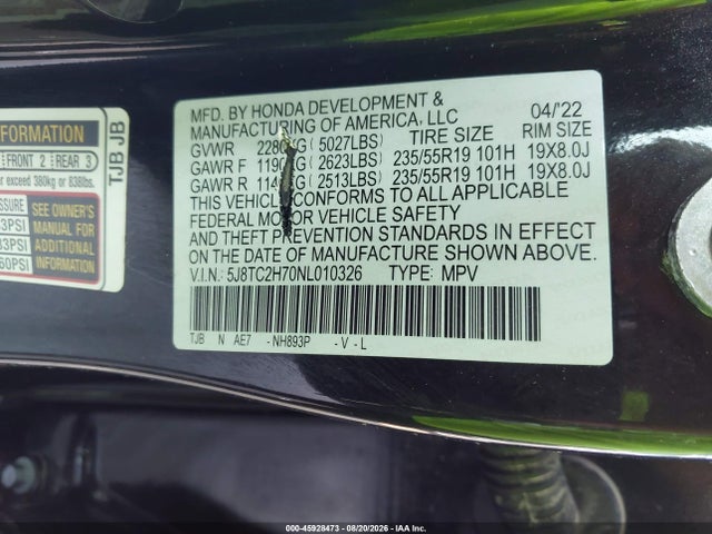 Aukcja sprzedaży 2022 Acura Rdx Advance Package, vin: 5J8TC2H70NL010326, numer aukcji: 45928473