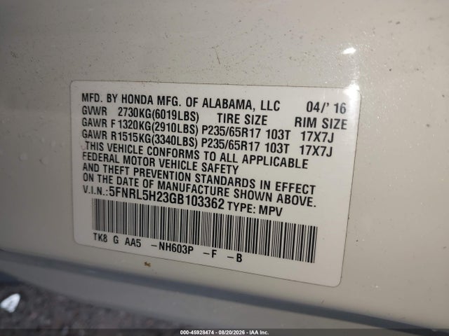 Продажа на аукционе авто 2016 Honda Odyssey Lx, vin: 5FNRL5H23GB103362, номер лота: 45928474