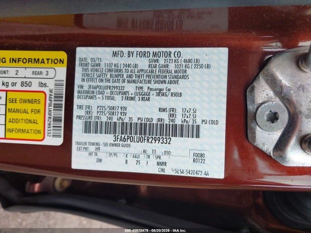 45928479 :رقم المزاد ، 3FA6P0LU0FR299332 vin ، 2015 Ford Fusion Hybrid Se مزاد بيع