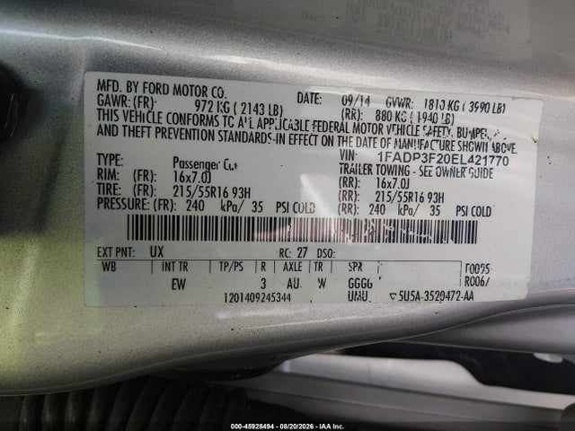 2014 Ford Focus Se მანქანა იყიდება აუქციონზე, vin: 1FADP3F20EL421770, აუქციონის ნომერი: 45928494